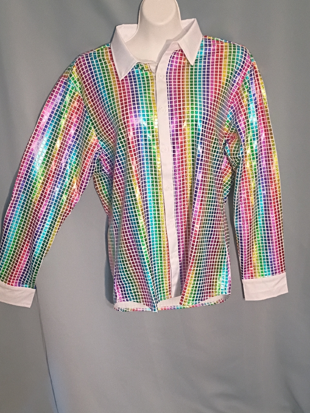 Multicolor Sequin Grid Button-Down Shirt with White Collar